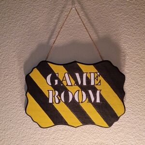 Handmade Wood Yellow and Black Game Room Sign With Jute Rope